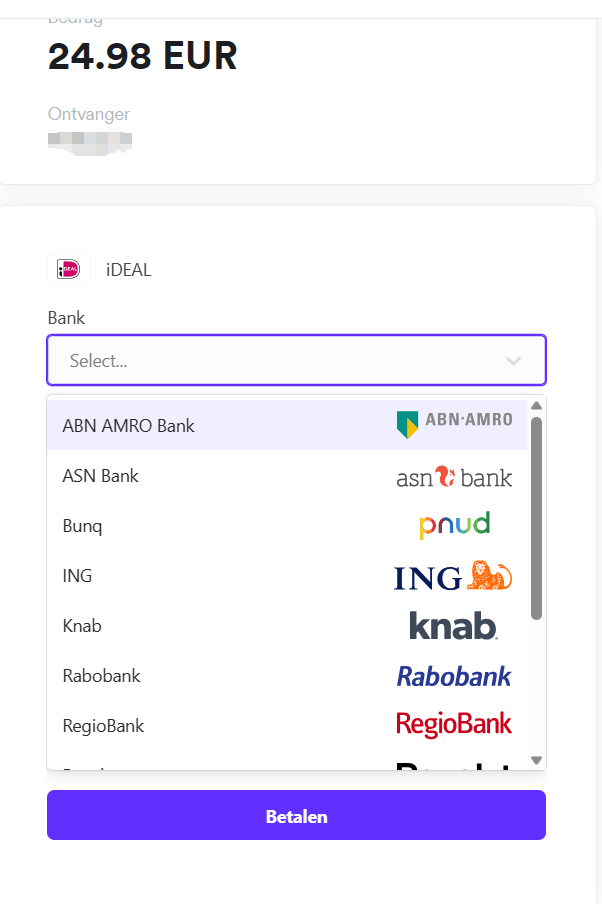 iDEAL checkout interface showing bank selection