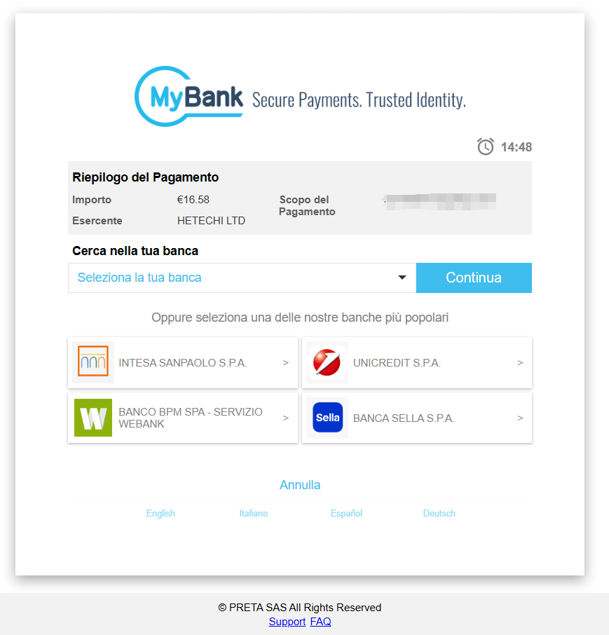 MyBank bank selection interface showing dropdown with Italian bank options