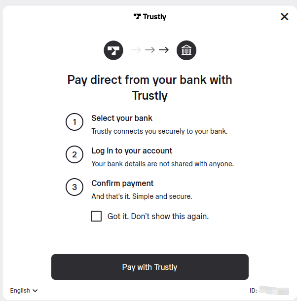 Trustly checkout interface showing bank selection and login flow