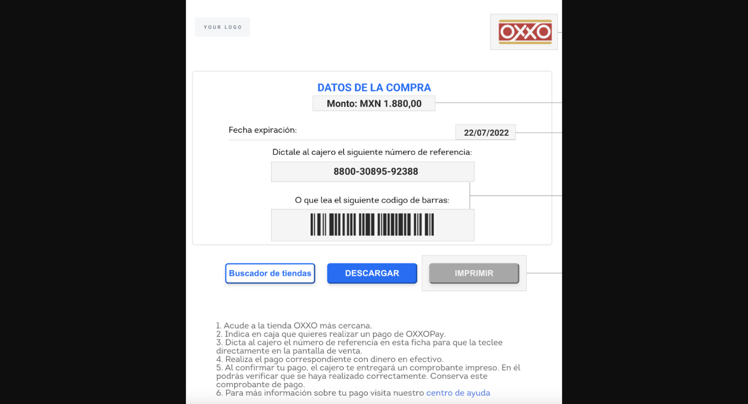OXXO payment voucher with barcode for cash payment at convenience stores