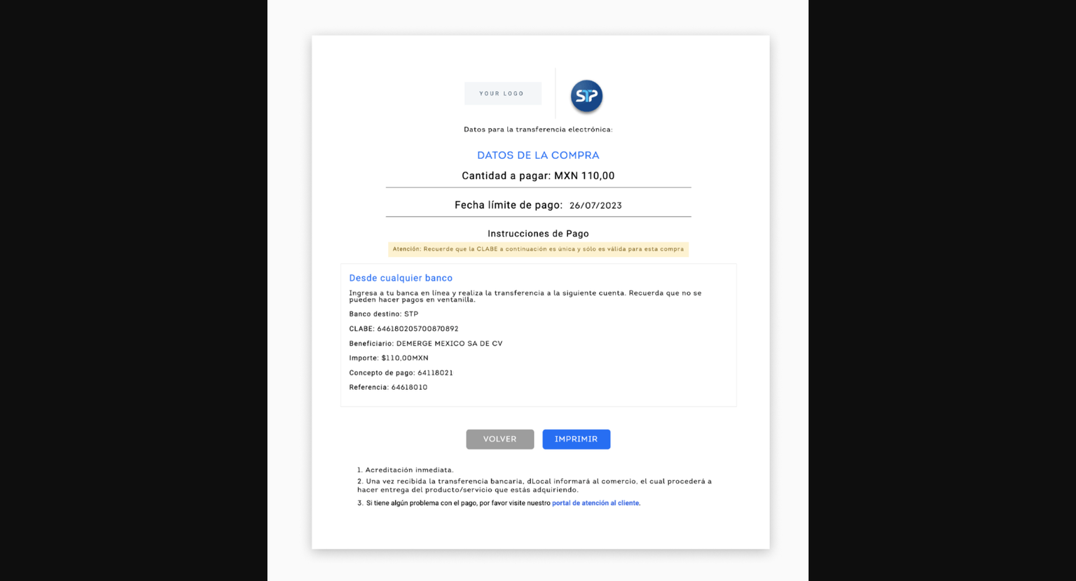 SPEI bank transfer interface showing account details and transfer instructions