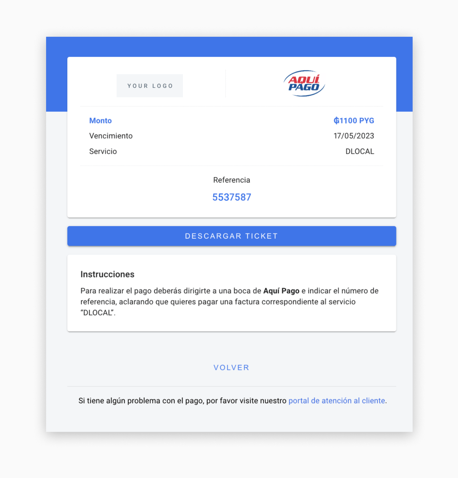 Aquí Pago checkout page displaying payment code and instructions for cash payment at network points