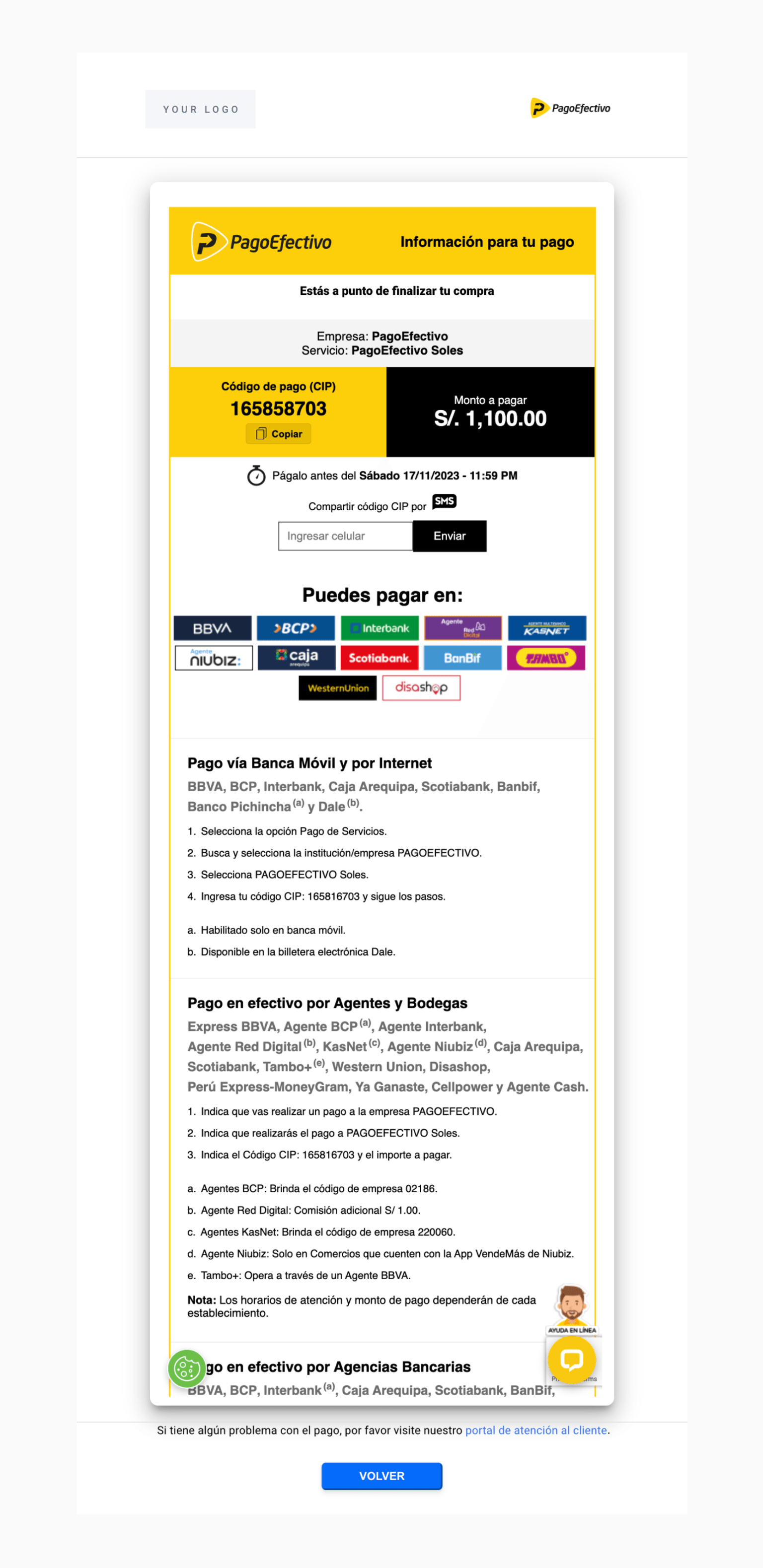 Pago Efectivo checkout interface showing CIP code generation