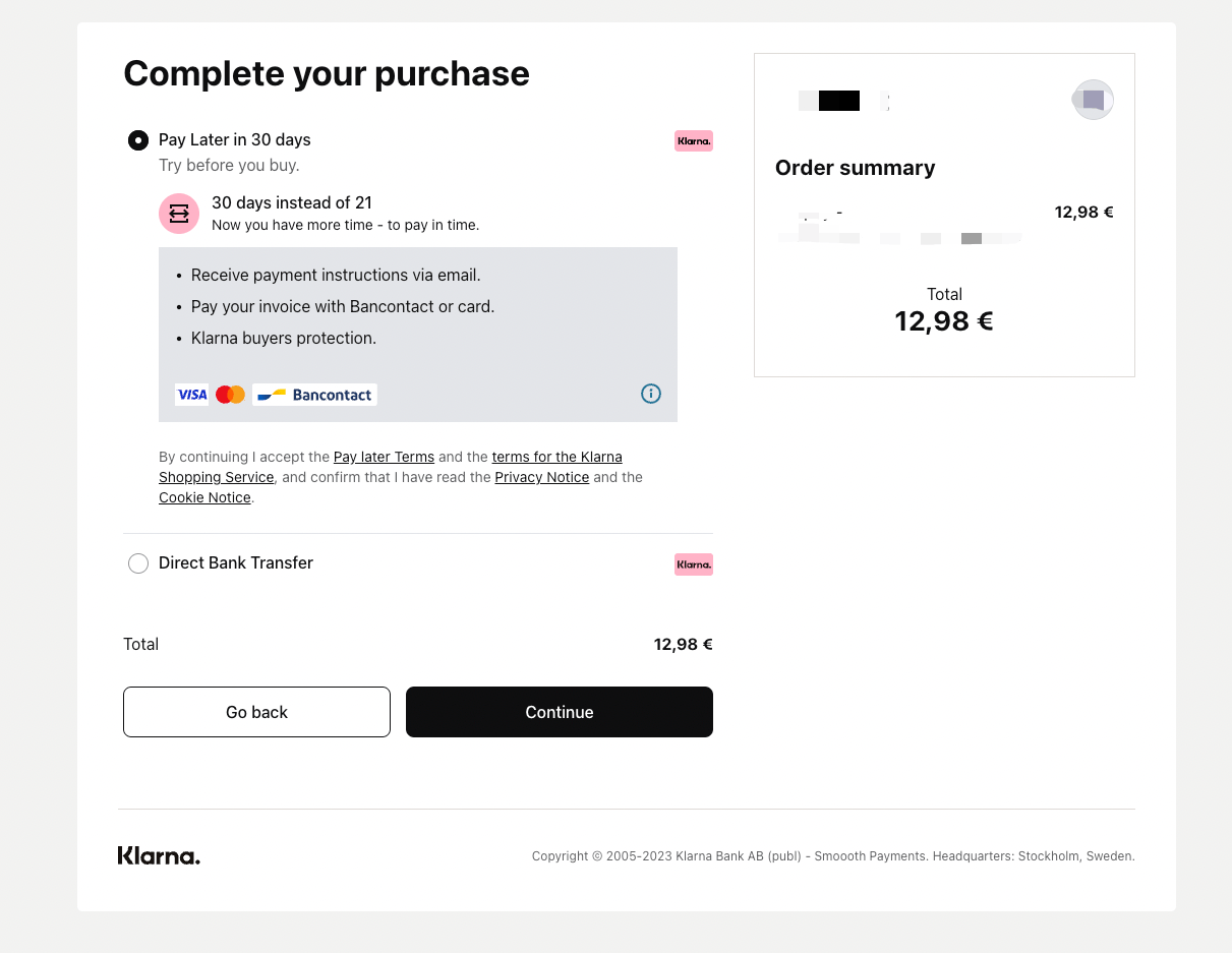 Klarna checkout interface showing payment options including Pay Later, Pay in 3, and Financing